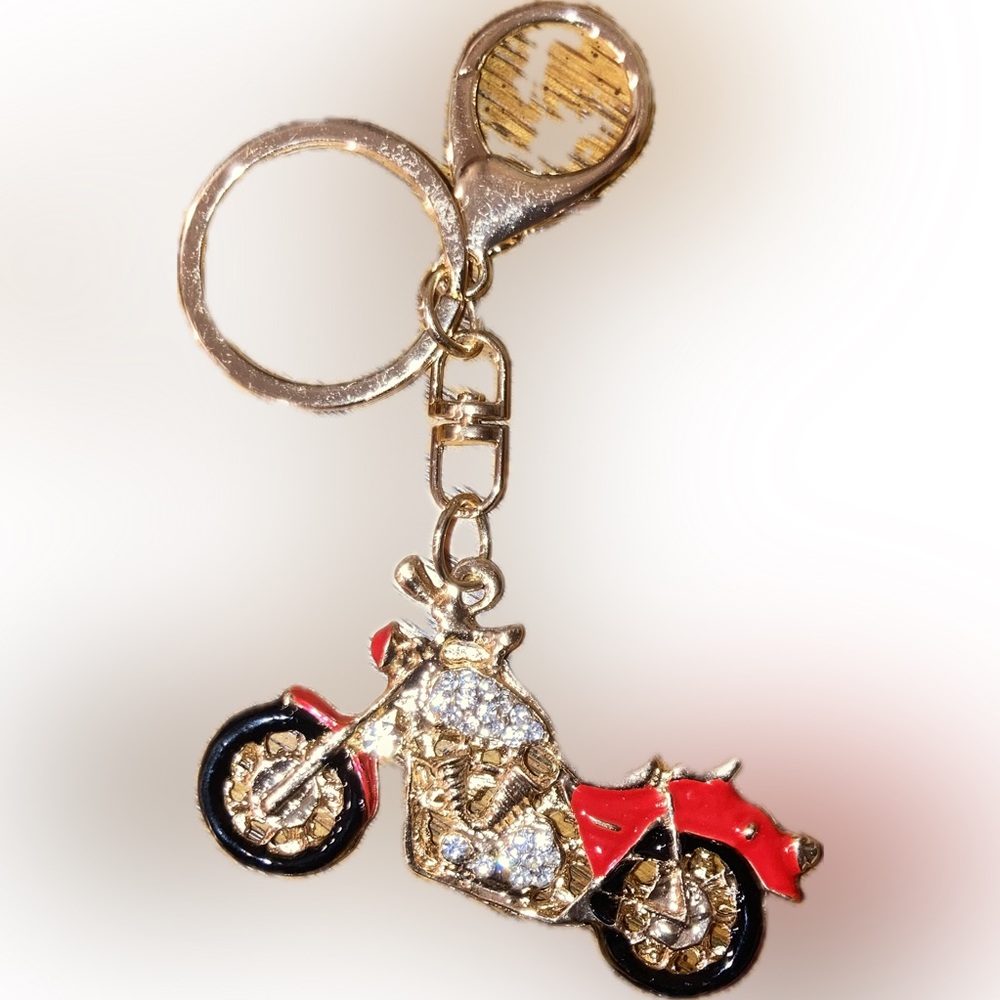 Motorcycle Bag Charm Keychain with Rhinestones Ted & Gold NEW